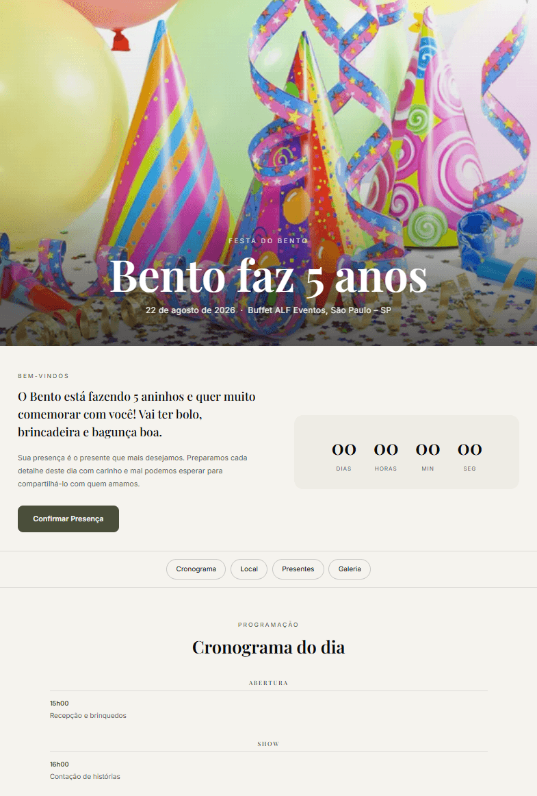 Página de evento — Aniversário infantil